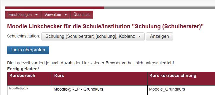 Durch Auswahl von Links überprüfen setzt er den Prüfprozess in Gang. Das Analysewerkzeug liefert ihm Informationen zu den vorhandenen Links.