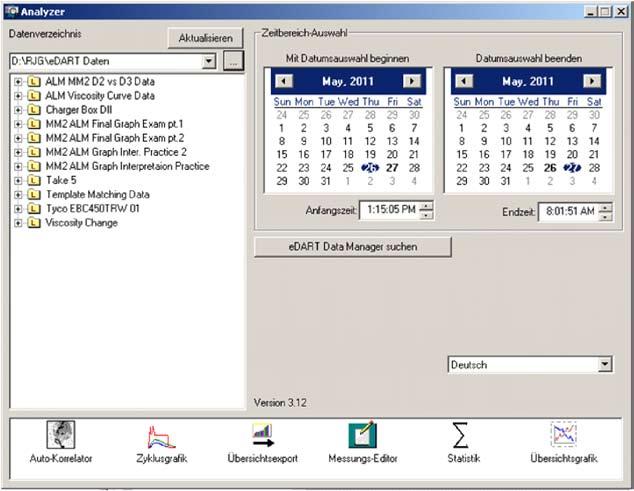 Analyzer Eine Windows-Anwendung für RJG DARTVision oder Insight System 1. Starten des Analyzers Der Hauptbildschirm des Analyzers beinhaltet die Datenauswahlfenster.
