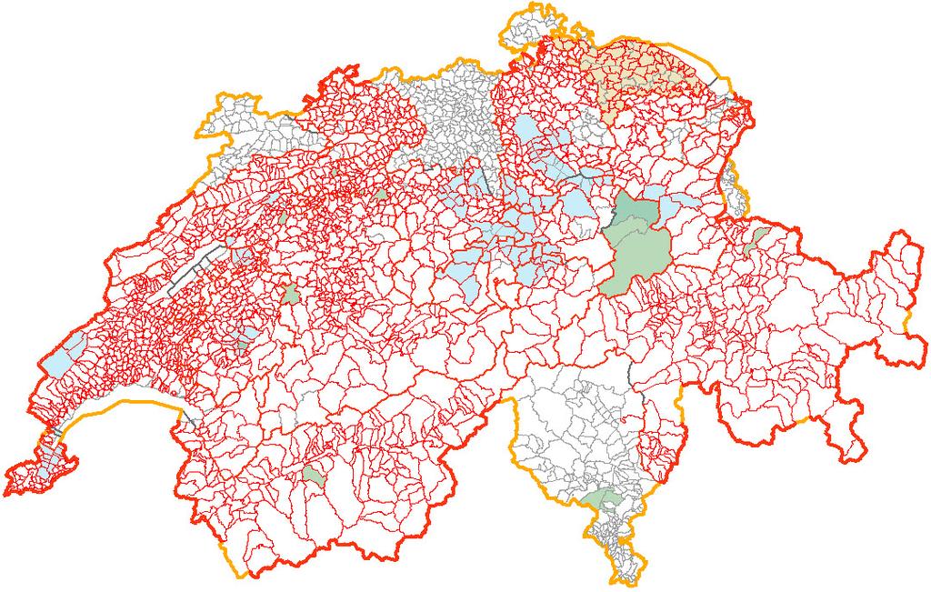 Abbildung 1: Fusionierte Gemeinden, Gemeinden mit ausgewiesenen Seeanteilen (Attribut Seefläche), restrukturierte Bezirke sowie mit Daten der AV verbesserte Geometrien im Produkt swissboundaries 3D