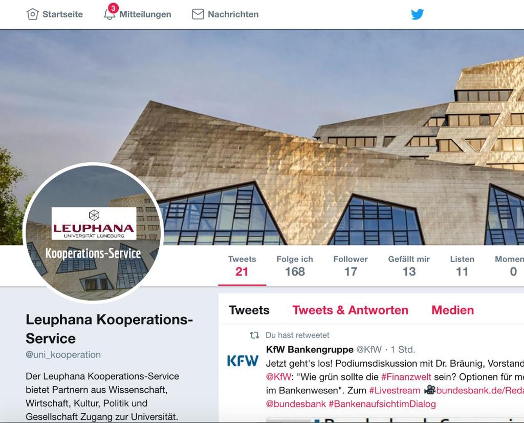 Folgen Sie dem Leuphana Kooperations-Service auf Twitter @uni_kooperation Informationen zu Querschnittsthemen der Leuphana für Niedersachsen, Lüneburg
