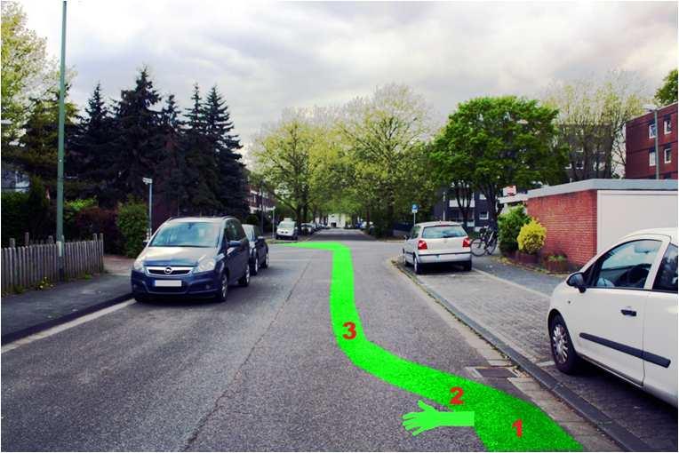 Der Arm bleibt ausgestreckt 4) Fahre soweit vor bis du gut rechts in die Harffer Str. gucken kannst 5) Bleib stehen, wenn ein Fahrzeug zu nah herangekommen ist.