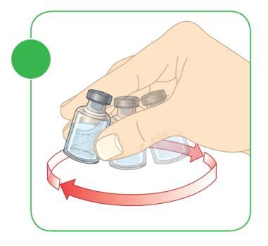 15) Mischen Sie das Pulver und das Wasser für Injektionszwecke Bewegen Sie die Durchstechflache vorsichtig im Kreis (Schwenkbewegung) Bis sich das Pulver aufgelöst hat und die