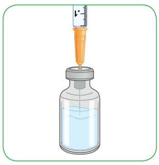 17) Führen Sie die Nadel durch die Mitte des Gummistopfens bis tief in die Durchstechflasche mit der gelösten Myalepta-Lösung ein.