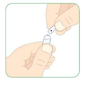 Berühren Sie die Nadel nicht. Zum Entnehmen des Wassers für Injektionszwecke, brechen Sie die Ampulle an der Sollbruchstelle auf, wie im Bild oben gezeigt.