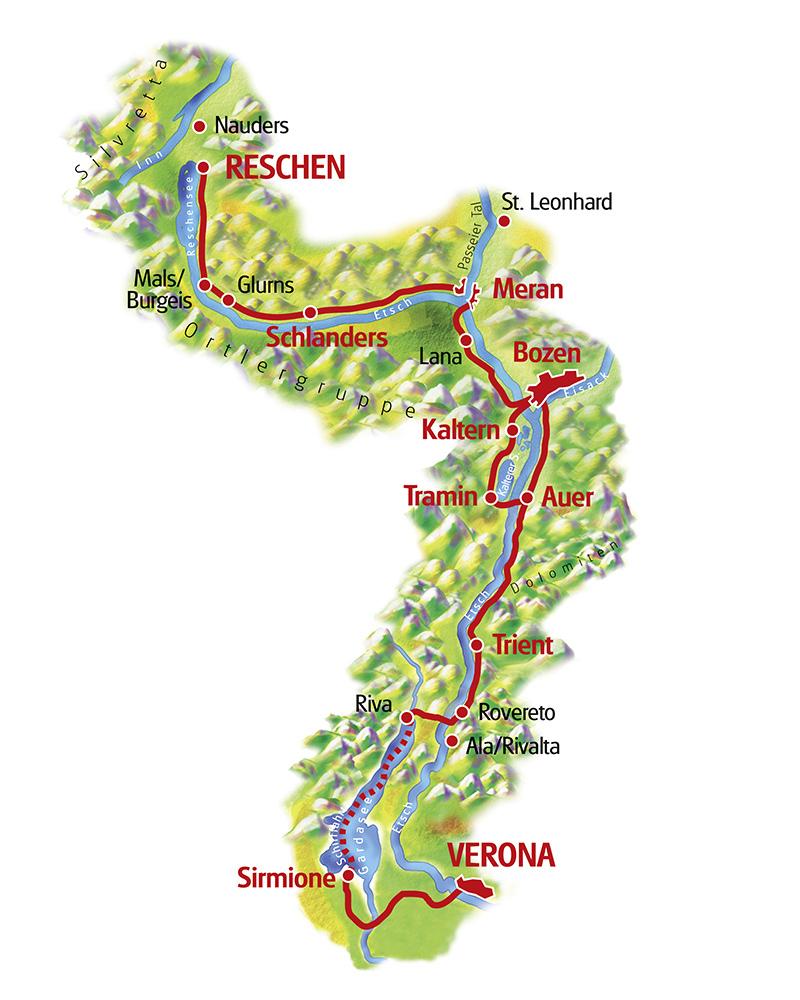 schließen Tourenverlauf für die 8 Tage Variante: 1. Tag: Anreise nach Reschen Per PKW (Gratisparkplatz am Hotel oder in Hotelnähe) oder mit Bahn und Bus nach Reschen (Italien).