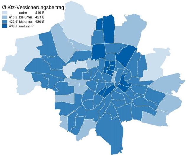4. München: Kfz-Beitrag unterscheidet sich je nach Postleitzahl um bis zu sieben Prozent jährlich München Alleinnutzer max.
