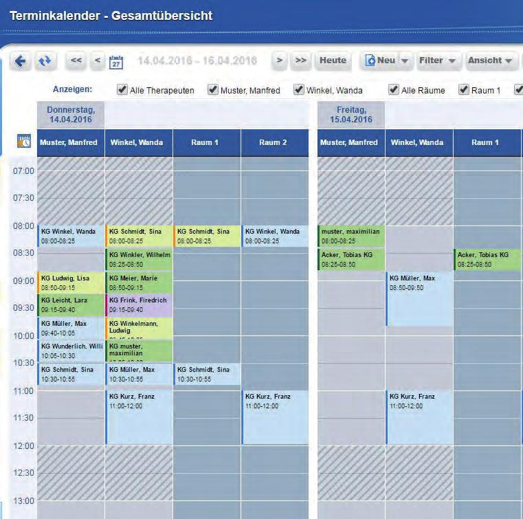 Der Kalender stellt Termine, Therapeuten und Räume