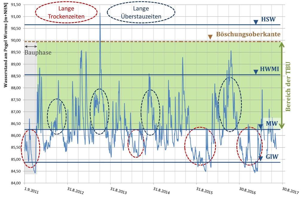 Bild 5: Überstau- und Trockenzeiten während der Monitoringphase Während der Bauphase im Herbst 2011 dominierten niedrige Wasserstände bis unter GlW, sodass ein Einbau der Maßnahmen diesbezüglich