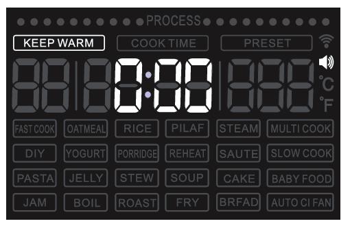 Stlačte Cancel / keep warm počas troch sekúnd ak chcete zapnúť tento režim v priebehu varenia. Maximálna doba trvania tohto režimu je 24 hodín.
