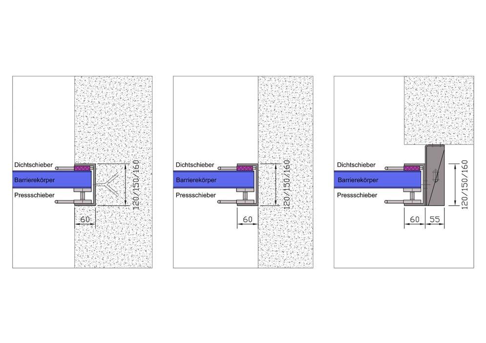 Horizontal-Details Einbaumöglichleiten der U-förmigen Edelstahlaufnahmen Bündig mit Mauer unauffällig einbetoniert.