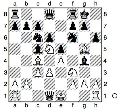 Lg5xh6 Tf8 e8 Tim (indet nun einen optimalen Weg zur Herbeiführung der weißen Figuren an den im Freien stehenden schwarzen König. 11.h2 h3! Lg4 e6 [ 11.