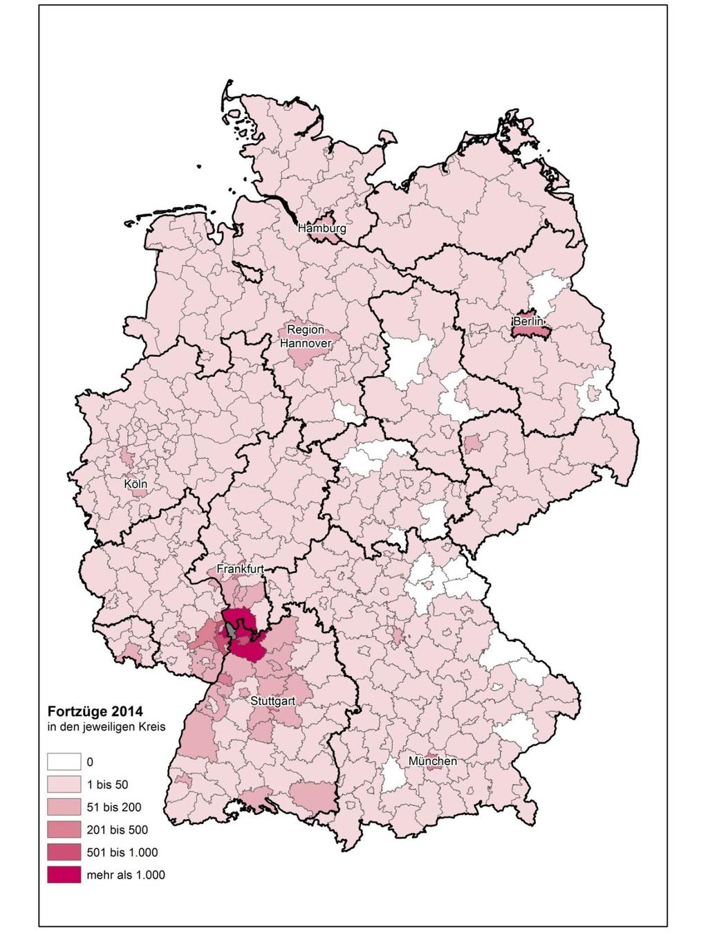 Wanderungen aus und nach Deutschland Abbildung 5: Fortzüge aus Mannheim 2014 Stadt- und Landkreise (Gebietsstand: 31.12.