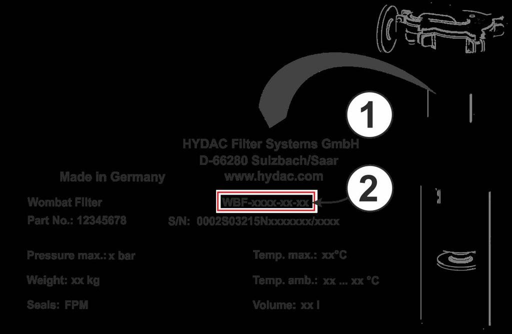 Typenschild entschlüsseln Typenschild entschlüsseln Details zur Identifikation des Filtergehäuses finden Sie auf den Typenschilder am Filtergehäuse und den Komponenten. Pos.