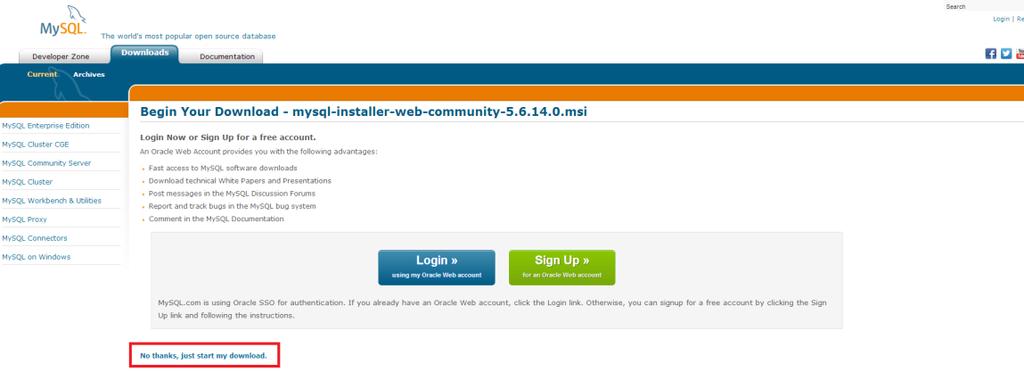 2.) Optional können Sie einen MySQL-Account bei Oracle anlegen, was für den Download allerdings nicht erforderlich ist und mit einem Klick auf den hier gekennzeichneten Link abgebrochen werden kann.