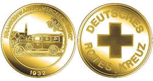 4 EK UVPnetto Historische DRK-Krankenwagen 1.Motiv 1905 - Daimler Kupfer/Nickel vergoldet 35,2 mm Ø Spiegelglanz 9400000166 9,52 19,- 14,90 Historische DRK-Krankenwagen 2.