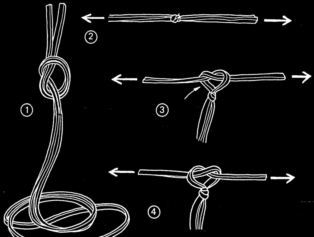 16. Montage Spanngummi und Spannseil: Gummiband (13) an den Enden verknoten (s. Zeichnung). Anschließend Schlingen wie abgebildet legen und so oft aufeinanderlegen bis eine Länge von ca.