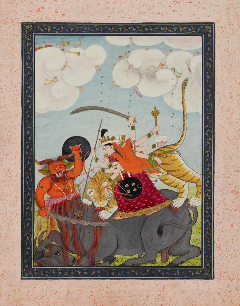 Shiva und Vishnu: Durga tötet den Dämon Mahisha.
