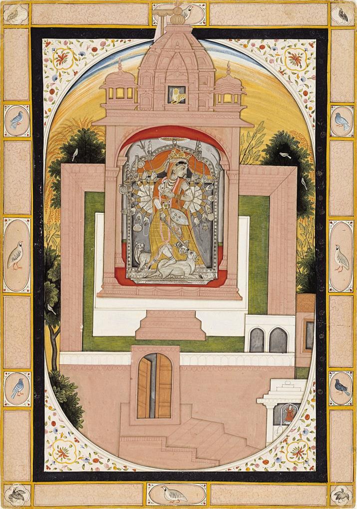 Durgas Tempel: Tempel der Göttin Durga. Pigmentmalerei auf Papier, evtl.