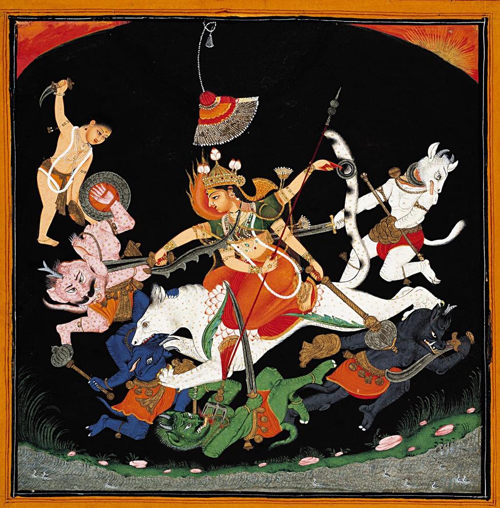 Durgas Kräfte: Durga reitet triumphierend über einen Dämon.