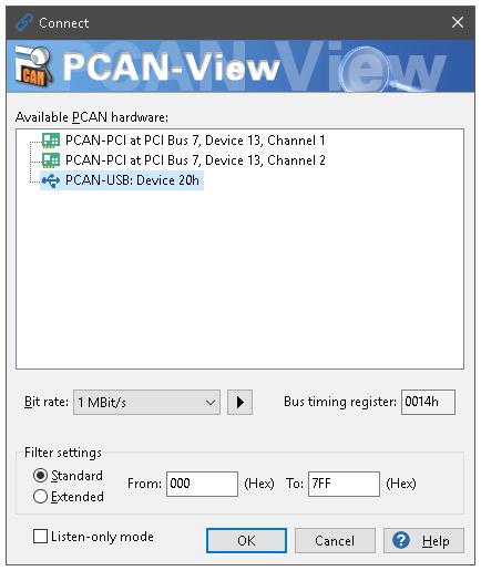So starten und initialisieren Sie PCAN-View: 1. Öffnen Sie PCAN-View über das Windows-Startmenü. Das Dialogfenster Connect erscheint. Abbildung 4: Auswahl der Hardware und Parameter 2.
