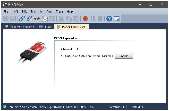 5.1.3 Registerkarte PCAN-ExpressCard Abbildung 8: Registerkarte PCAN-ExpressCard Auf der Registerkarte PCAN-ExpressCard wird die 5-Volt-Versorgung an Pin 1 des D-Sub-CAN-Anschlusses aktiviert oder