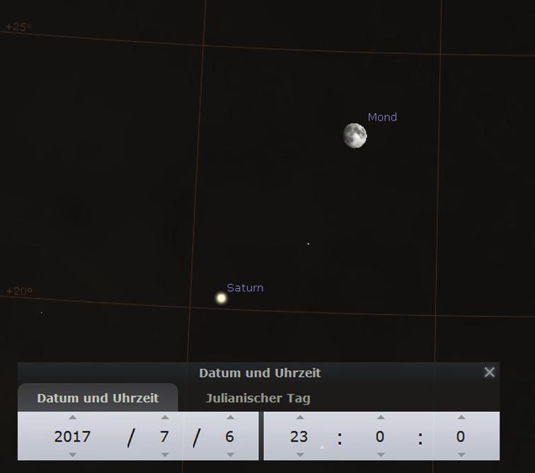 Interessantes am Himmel Mond bei Jupiter und Spica am 1.7.