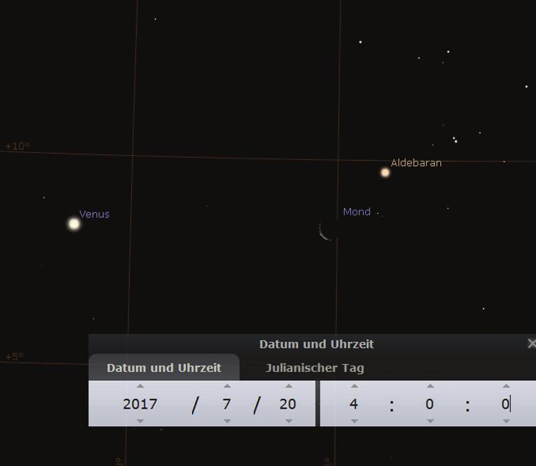 7.2017 um 23 Uhr Mond bei Venus am 20.7.2017 morgens, 4 Uhr Venus in den Hyaden morgens am 12.