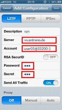 Geben Sie nun die Stammdaten in die entsprechenden Felder ein. Server: http://vx.antrano.