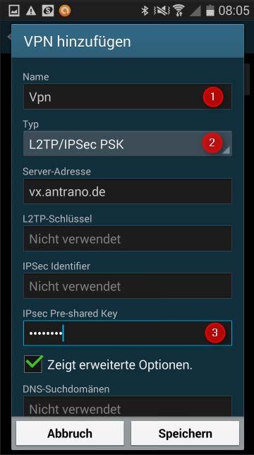 1) Geben Sie der VPN-Verbindung einen willkürlichen Namen. 2) Wählen Sie die Einstellung in der Liste wie im Screenshot.