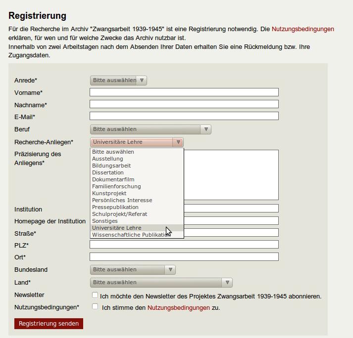 Das Online-Archiv Zwangsarbeit 1939-1945 Registrierung