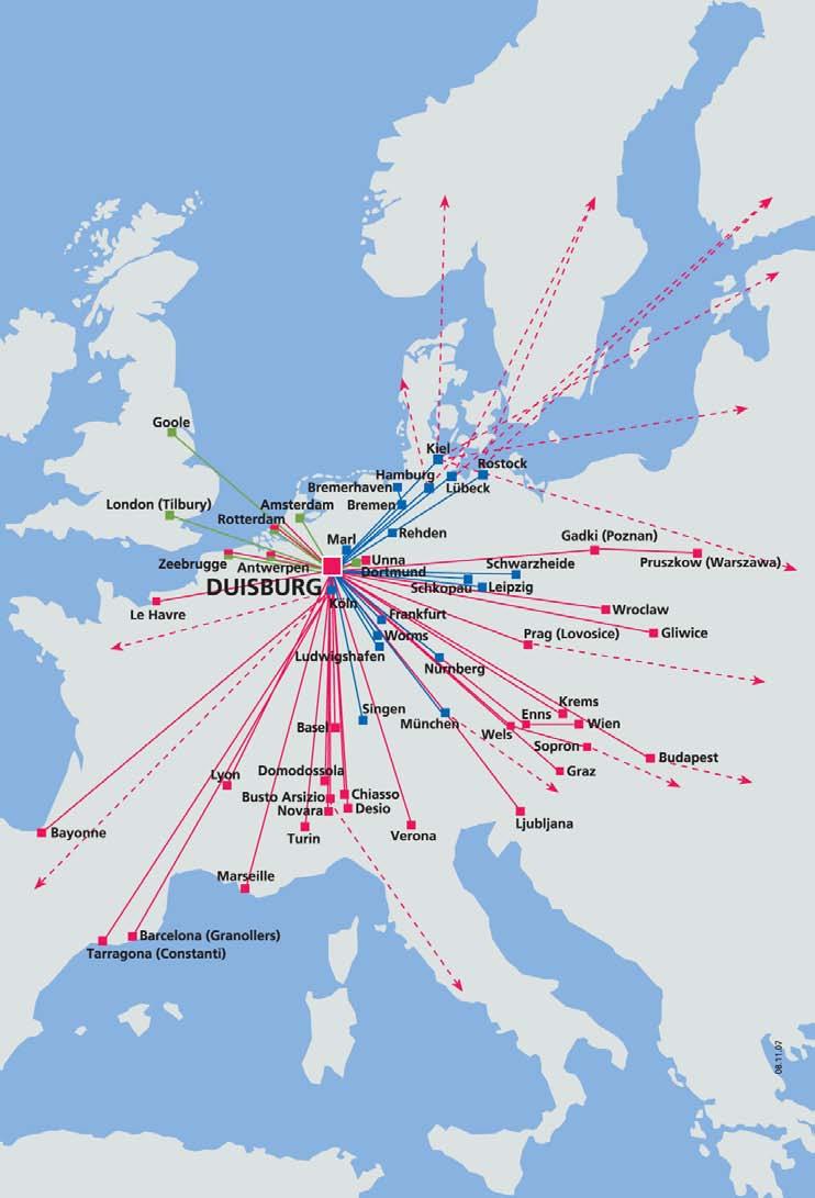 Kontinentales KV-Netzwerk in das europäische Hinterland Drehscheiben- und Hubfunktion duisport bündelt maritime und kontinentale Warenströme zwischen den nordeuropäischen Seehäfen und dem Hinterland