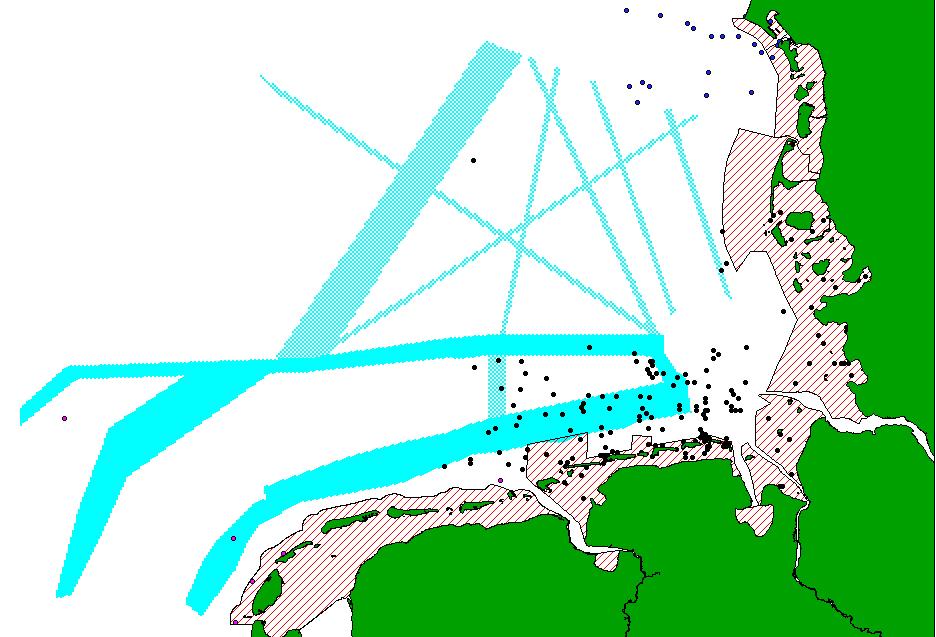 Evaluierung Wattenmeer PSSA 2009 Positionen von Zwischenfällen anhand verfügbarer Daten (Quelle: Endbericht PSSA Evaluierung) Rot