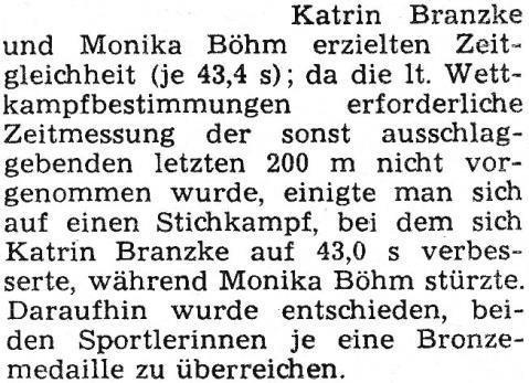 weibl. Jugend: Sprint: 3. Bärbel Olsohn (BSG Lokomotive Berlin-Oberspree) 4:44,2 Minuten 1. Karin Pritzkat (BSG Aufbau Altenburg) 2. Angelika Weber (BSG Lokomotive Torgau) 3.