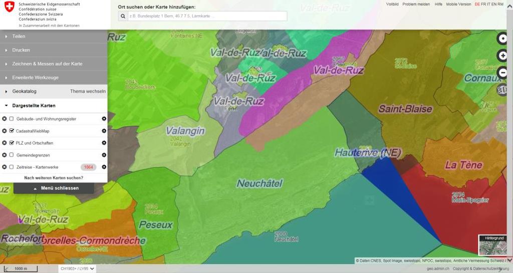 Bereinigung GWR-Daten: Liste 3 Postleitzahlen Visualisierung unter https://map.geo.admin.ch Karte «PLZ und Ortschaften» hinzufügen.