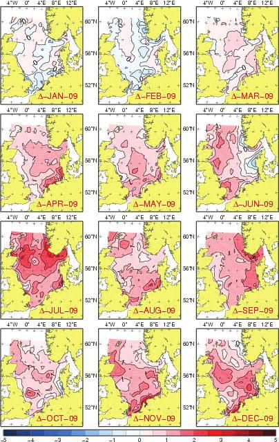 Klimaszenarien für nordwest2050 Randbedingungen und Beschreibung I Kapitel 3 Abbildung 18: Temperaturanomalien in den Wassertemperaturen der Nordsee für das Jahr 2009.
