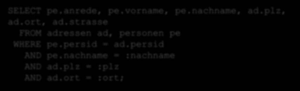 Abhängige Spalten SELECT pe.anrede, pe.vorname, pe.nachname, ad.plz, ad.ort, ad.