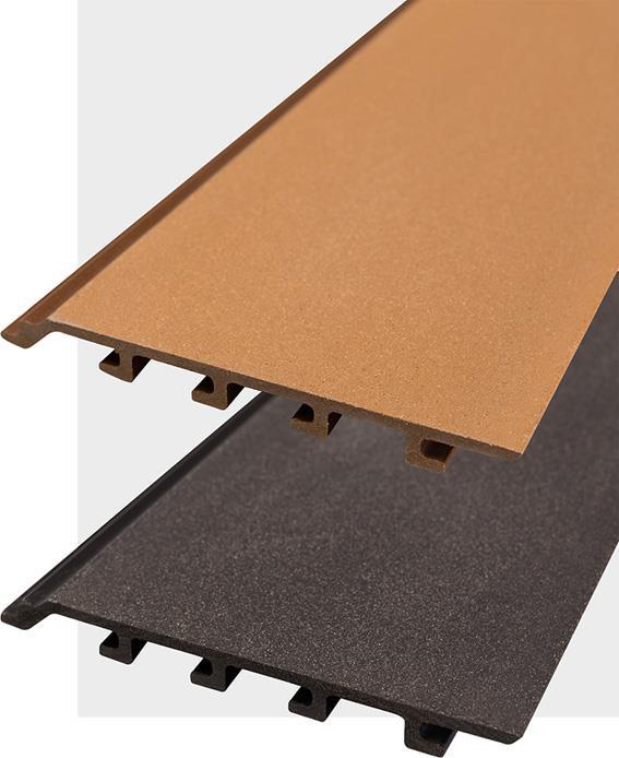 terra Fassaden Produktcharakteristik - gebürstete Diele - Oberflächenmodelle: eine Holz- oder Glattstruktur - Zusammensetzung: Gehalt an Qualitätsholz: 45%, PVC: 45%, Gehalt an Verbesserern: 10% -