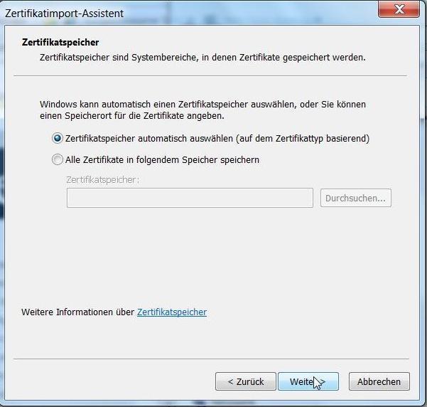 2.9g Stellen Sie sicher, dass im nächsten Fenster»Zertifikatspeicher automatisch auswählen«ausgewählt
