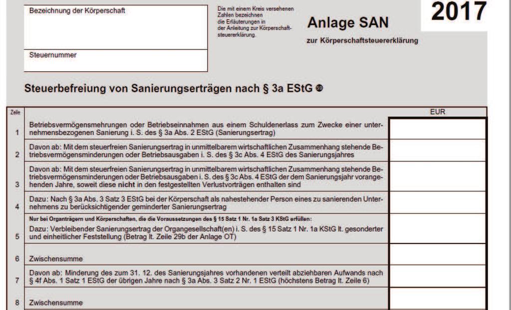2.4 Anlage SAN Steuerbefreiung von Sanierungserträgen nach 3a EStG Durch das Gesetz gegen schädliche Steuerpraktiken im Zusammenhang mit Rechtsüberlassungen vom 27.06.