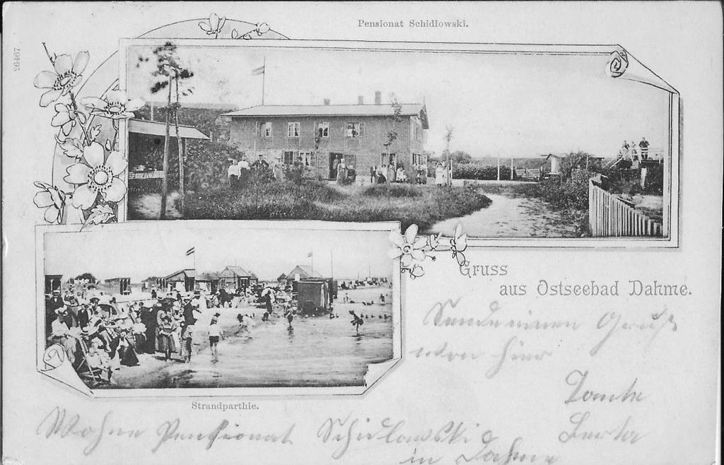 Postkarte aus dem Jahr 1899 mit Badekarren am Strand und der Pension Schidlowski, einer der ersten Pensionen am Ort.