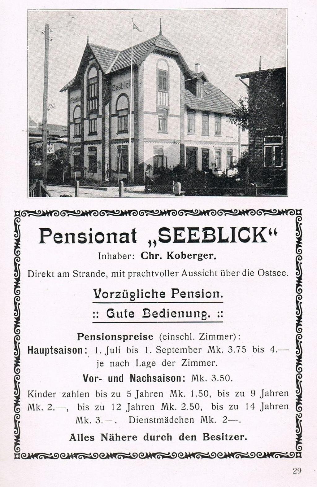 Auszug aus dem Dahme Prospekt von 1914 Auf der Ansichtskarte unten sieht man das Haus des Bäckers Babbe (1, 1909 von Karl Landschoof erbaut), das Gästehaus des Hotels Thode (2), das Haus des Fischer
