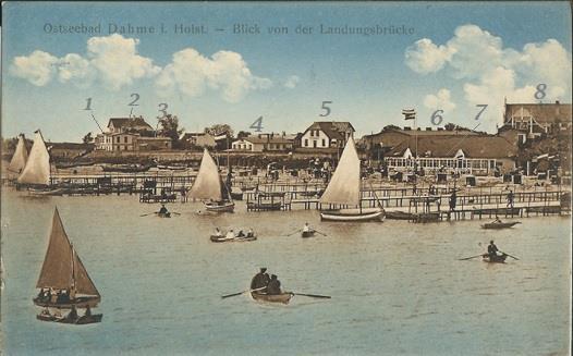 Kolorierte Postkarte aus dem Jahr 1911, Aussicht von der Landungsbrücke Am Fischerstrand vor dem ersten Weltkrieg.
