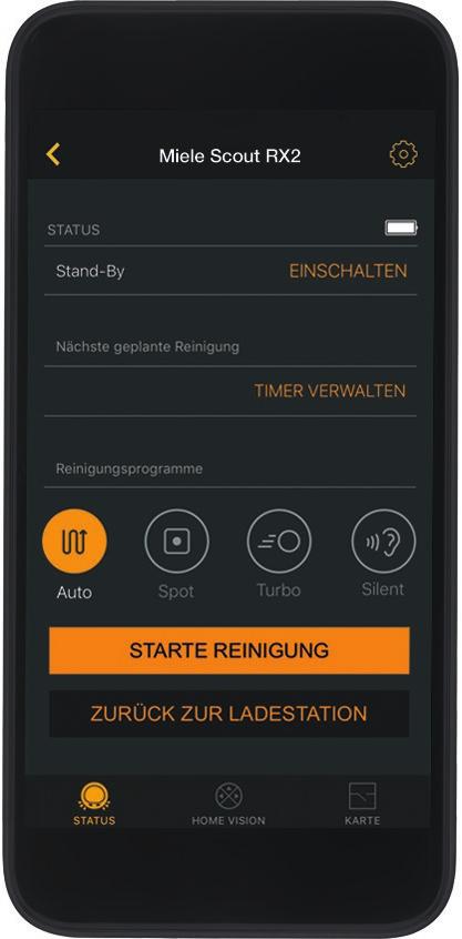 Miele@home Miele Scout RX2 App Grenzenloser Zugriff mit der App-Steuerung Status-Bildschirm Der Startbi