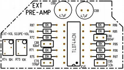 Extern Pre-Amp 20 Bauteile/20 parts R71,72,84,85,86,87,95,96 =10k R75=33k R97=3,9k Metal film resistor 8x10k 1x33k 1x3,9k C70=330pF,C85=3,3nF C88,89=100nF Ceramic caps RM2,5