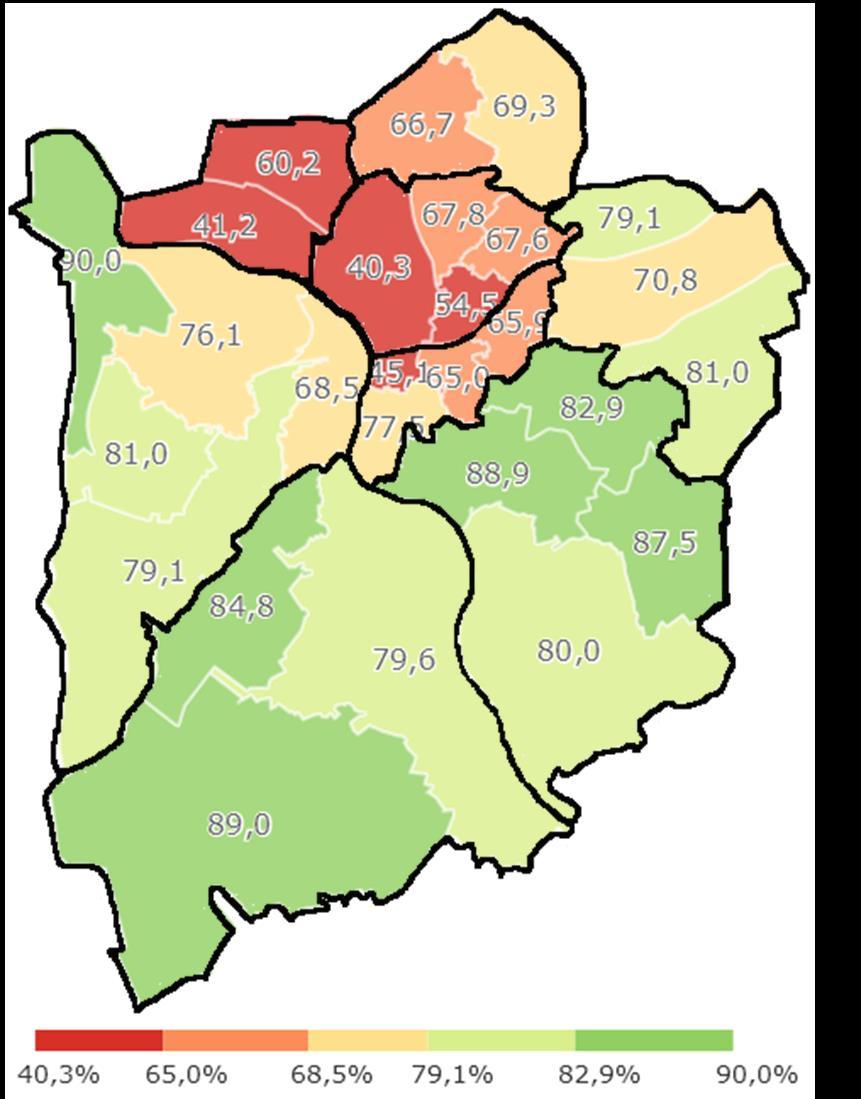 Karte 13: Anteil der schulfähigen Kinder, in % Quelle: Stadt Mülheim an der Ruhr, SEU, eigene Darstellung Diese Werte streuen stark zwischen den Mülheimer Sozialräumen: In Menden-Holthausen sind