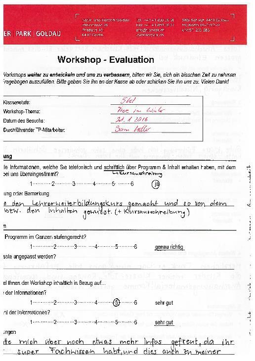 Evaluation des Bildungsangebotes am Beispiel Natur- und Tierpark Goldau Pädagogische Hochschulen (extern) Feedback von den Lehrern (extern