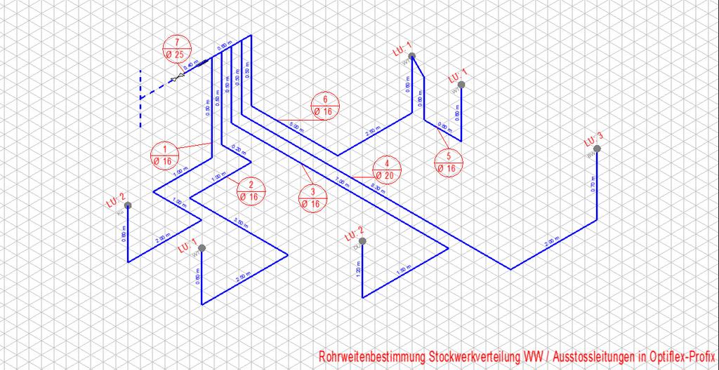 Folglich sind nun die Teilstrecken 1 bis 7 dimensioniert. Nr. Material Bemerkung Länge [m] Belastungswert (LU) Dimension 1 Optiflex-Profix Ausstossleitung 6.1 2 16 x 2.