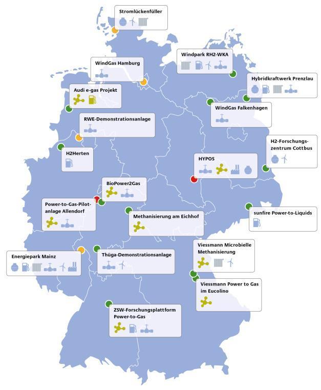 Power to Gas in Deutschland. Derzeit sind 20 Anlagen in Betrieb, ca.