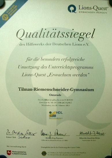 LQ-Erwachsen werden am TRG (1) Erfahrungen: seit 2008 am Tilman- Riemenschneider-Gymnasium praktiziert, 2010 als eine der ersten Schulen in Niedersachsen im Kultusministerium