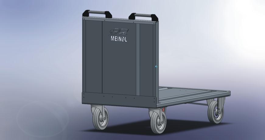 1.1) MEINDL- Rollcontainer ROCO Plattform (Nr. 14010) Transportplattform mit fester Stirnwand und Zurrmöglichkeit auf der Ladefläche Alu- Verbundbauweise, 2 Bock, 2 Lenkrollen, Totmann- Bremse.